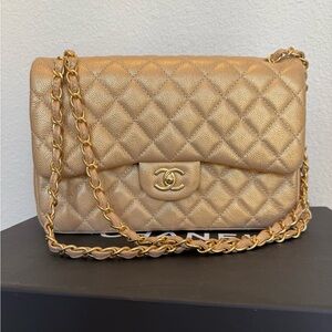 Chanel Metallic Gold Quilted Large Jumbo Double Flap Chain Bag
